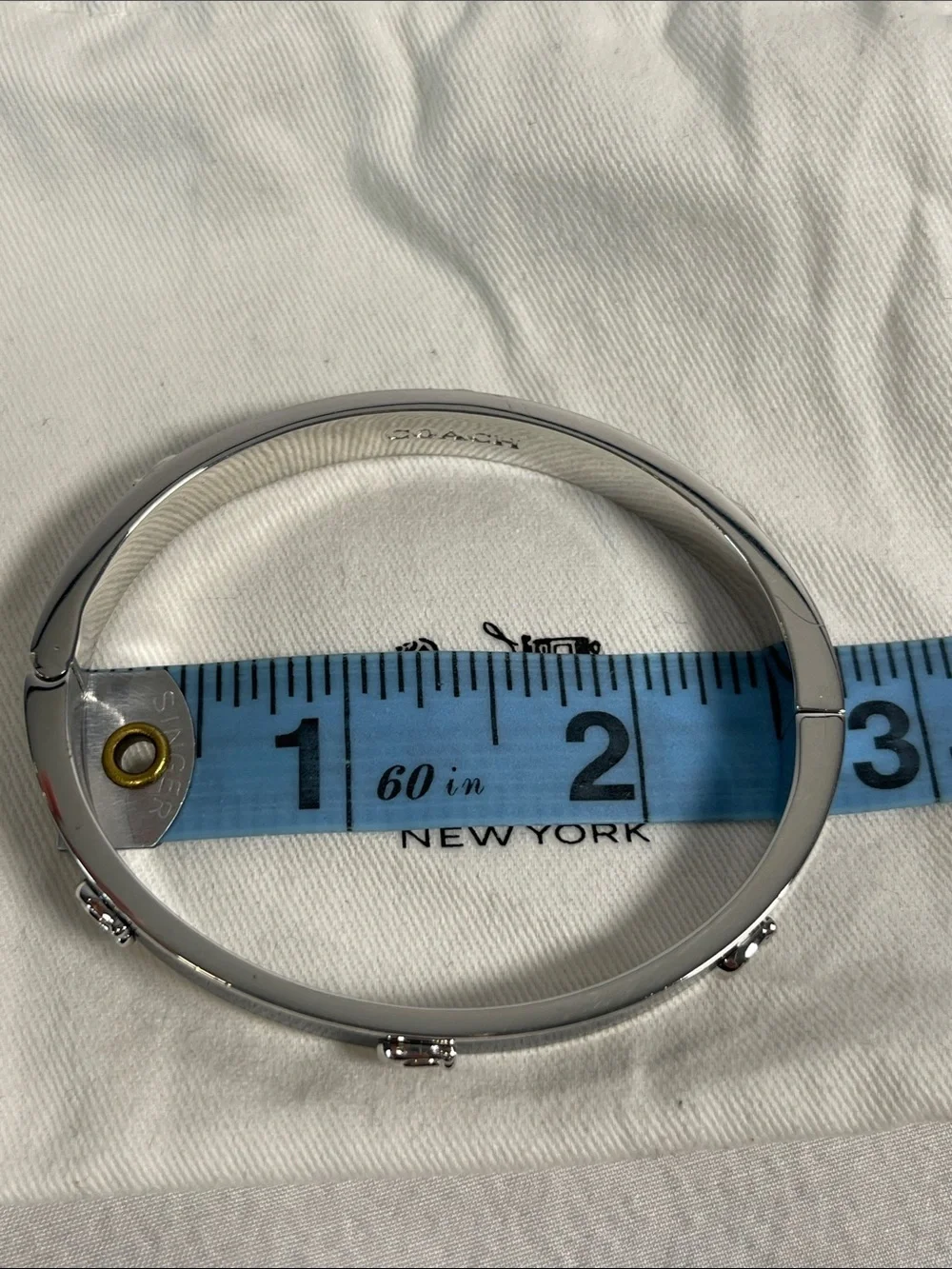 Coach Blue Enamel Signature C Silver Tone Hinged Bangle Bracelet
